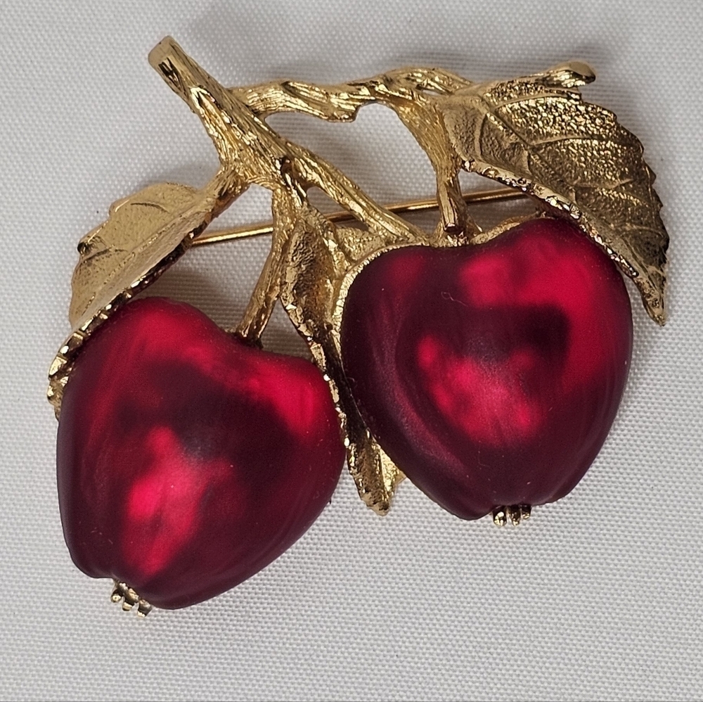 Rare Vintage Napier Red Jelly Apple Brooch Deep Red Double Fruit Brooch Pin